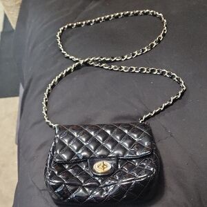 Black Faux Leather Shiny With Long Chain Crossover Or Shoulder Bag